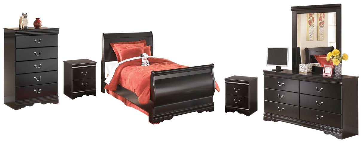 Huey Vineyard Twin Sleigh Bed with Mirrored Dresser, Chest and 2 Nightstands in Black from Ashley - Luna Furniture