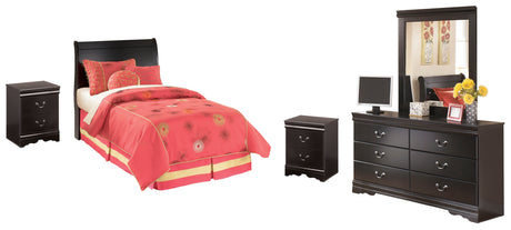 Huey Vineyard Twin Sleigh Headboard Bed with Mirrored Dresser and 2 Nightstands in Black from Ashley - Luna Furniture