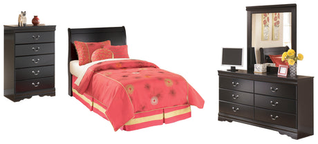 Huey Vineyard Twin Sleigh Headboard Bed with Mirrored Dresser and Chest in Black from Ashley - Luna Furniture