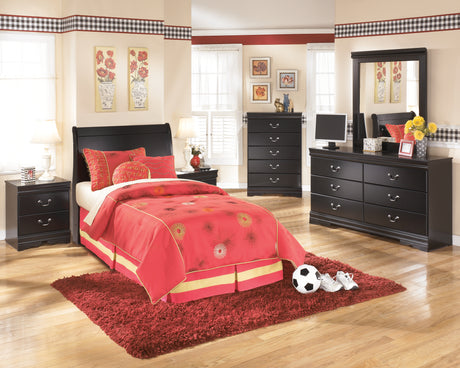 Huey Vineyard Twin Sleigh Headboard Bed with Mirrored Dresser, Chest and 2 Nightstands in Black from Ashley - Luna Furniture