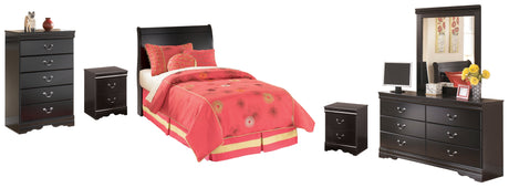 Huey Vineyard Twin Sleigh Headboard Bed with Mirrored Dresser, Chest and 2 Nightstands in Black from Ashley - Luna Furniture