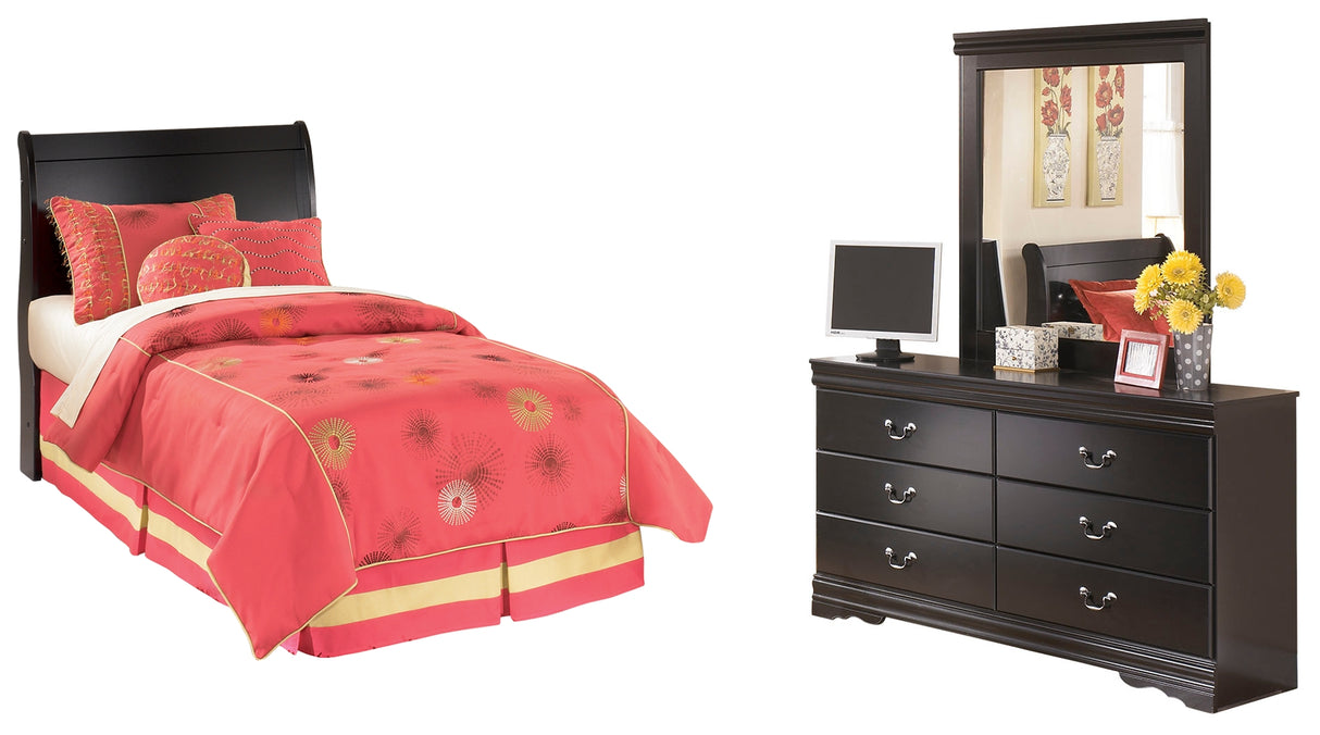 Huey Vineyard Twin Sleigh Headboard Bed with Mirrored Dresser in Black from Ashley - Luna Furniture