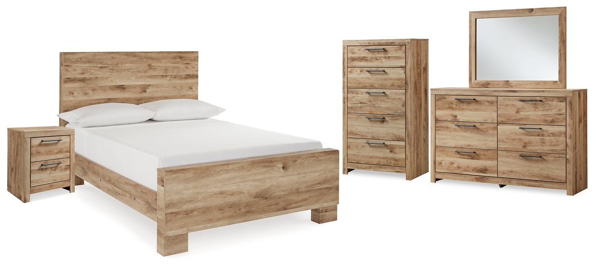 Hyanna Full Panel Bed with Mirrored Dresser, Chest and Nightstand in Tan Brown - PKG015354