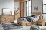 Hyanna Full Panel Bed with Storage with Mirrored Dresser and 2 Nightstands in Tan Brown from Ashley - Luna Furniture