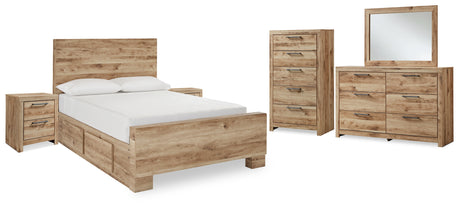 Hyanna Full Panel Bed with Storage with Mirrored Dresser, Chest and 2 Nightstands in Tan Brown from Ashley - Luna Furniture