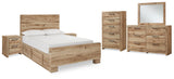 Hyanna Full Panel Bed with Storage with Mirrored Dresser, Chest and 2 Nightstands in Tan Brown - PKG015375