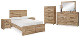 Hyanna Full Panel Storage Bed with Mirrored Dresser, Chest and 2 Nightstands in Tan Brown from Ashley - Luna Furniture