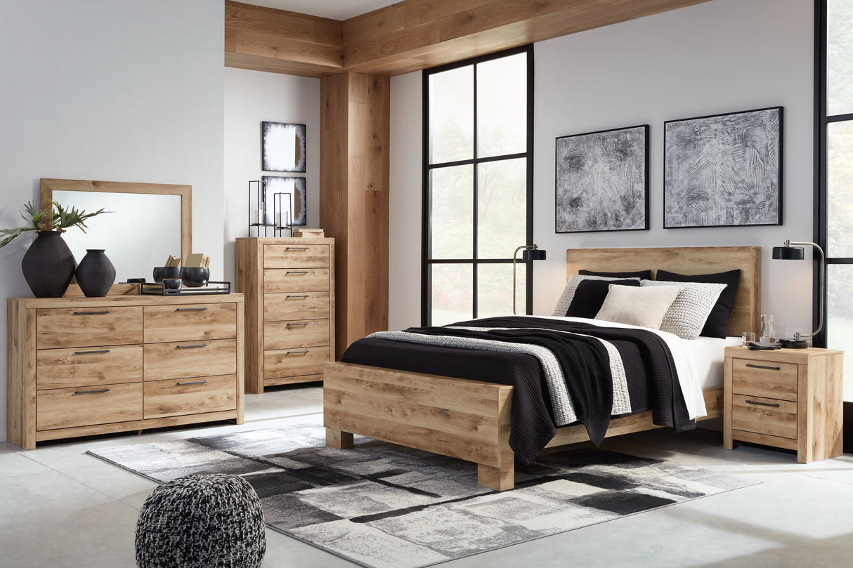 Hyanna King Panel Bed with Mirrored Dresser and Chest in Tan Brown from Ashley - Luna Furniture