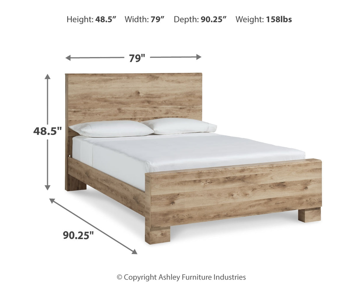 Hyanna King Panel Bed with Mirrored Dresser, Chest and 2 Nightstands in Tan Brown - PKG015321