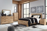 Hyanna King Panel Bed with Mirrored Dresser, Chest and Nightstand in Tan Brown - PKG015324