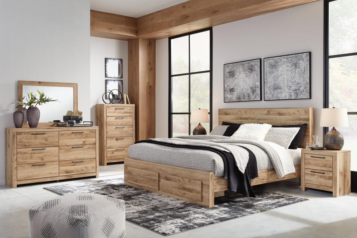 Hyanna King Panel Storage Bed with Mirrored Dresser and 2 Nightstands in Tan Brown from Ashley - Luna Furniture