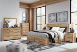 Hyanna King Panel Storage Bed with Mirrored Dresser and 2 Nightstands in Tan Brown from Ashley - Luna Furniture