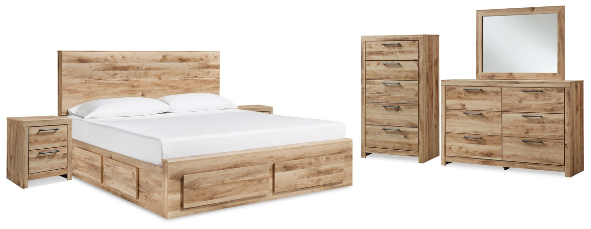 Hyanna King Panel Storage Bed with Mirrored Dresser, Chest and 2 Nightstands in Tan Brown from Ashley - Luna Furniture