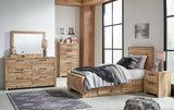 Hyanna Twin Panel Bed with Storage with Mirrored Dresser and 2 Nightstands in Tan Brown - PKG015356