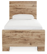 Hyanna Twin Panel Bed with Storage with Mirrored Dresser and 2 Nightstands in Tan Brown - PKG015356