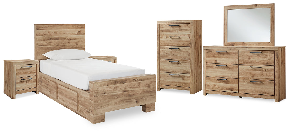 Hyanna Twin Panel Bed with Storage with Mirrored Dresser, Chest and 2 Nightstands in Tan Brown from Ashley - Luna Furniture