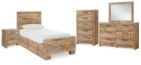 Hyanna Twin Panel Bed with Storage with Mirrored Dresser, Chest and Nightstand in Tan Brown from Ashley - Luna Furniture