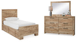 Hyanna Twin Panel Bed with Storage with Mirrored Dresser in Tan Brown from Ashley - Luna Furniture