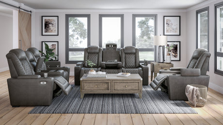 HyllMont Sofa, Loveseat and Recliner in Gray - PKG008954