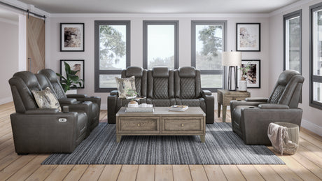 HyllMont Sofa, Loveseat and Recliner in Gray - PKG008954