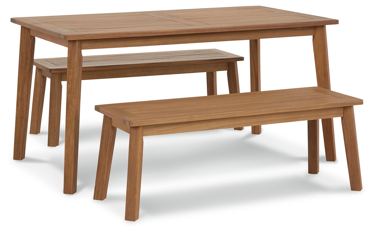 Janiyah Outdoor Dining Table and 2 Benches in Light Brown - PKG013832