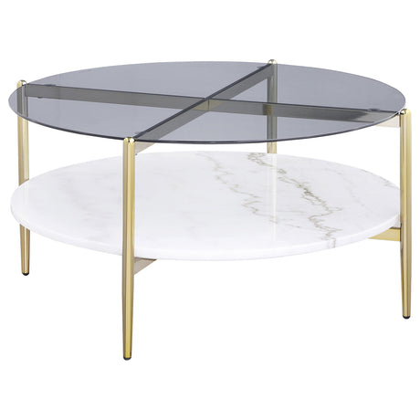 Jonelle Round Glass Top Coffee Table White Marble Shelf Gold from Coaster - Luna Furniture