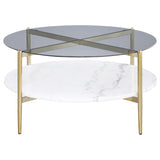 Jonelle Round Glass Top Coffee Table White Marble Shelf Gold from Coaster - Luna Furniture