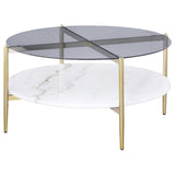 Jonelle Round Glass Top Coffee Table White Marble Shelf Gold from Coaster - Luna Furniture