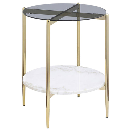 Jonelle Round Glass Top End Table White Marble Shelf Gold from Coaster - Luna Furniture