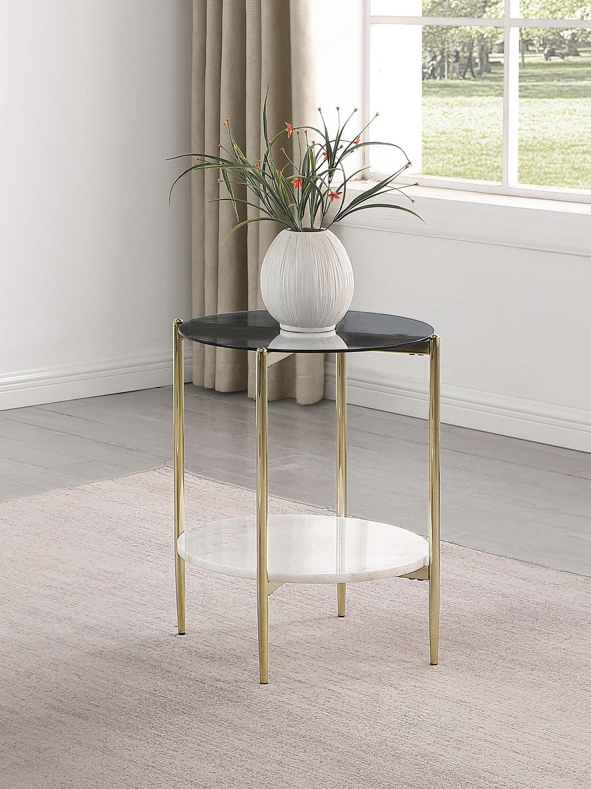 Jonelle Round Glass Top End Table White Marble Shelf Gold from Coaster - Luna Furniture