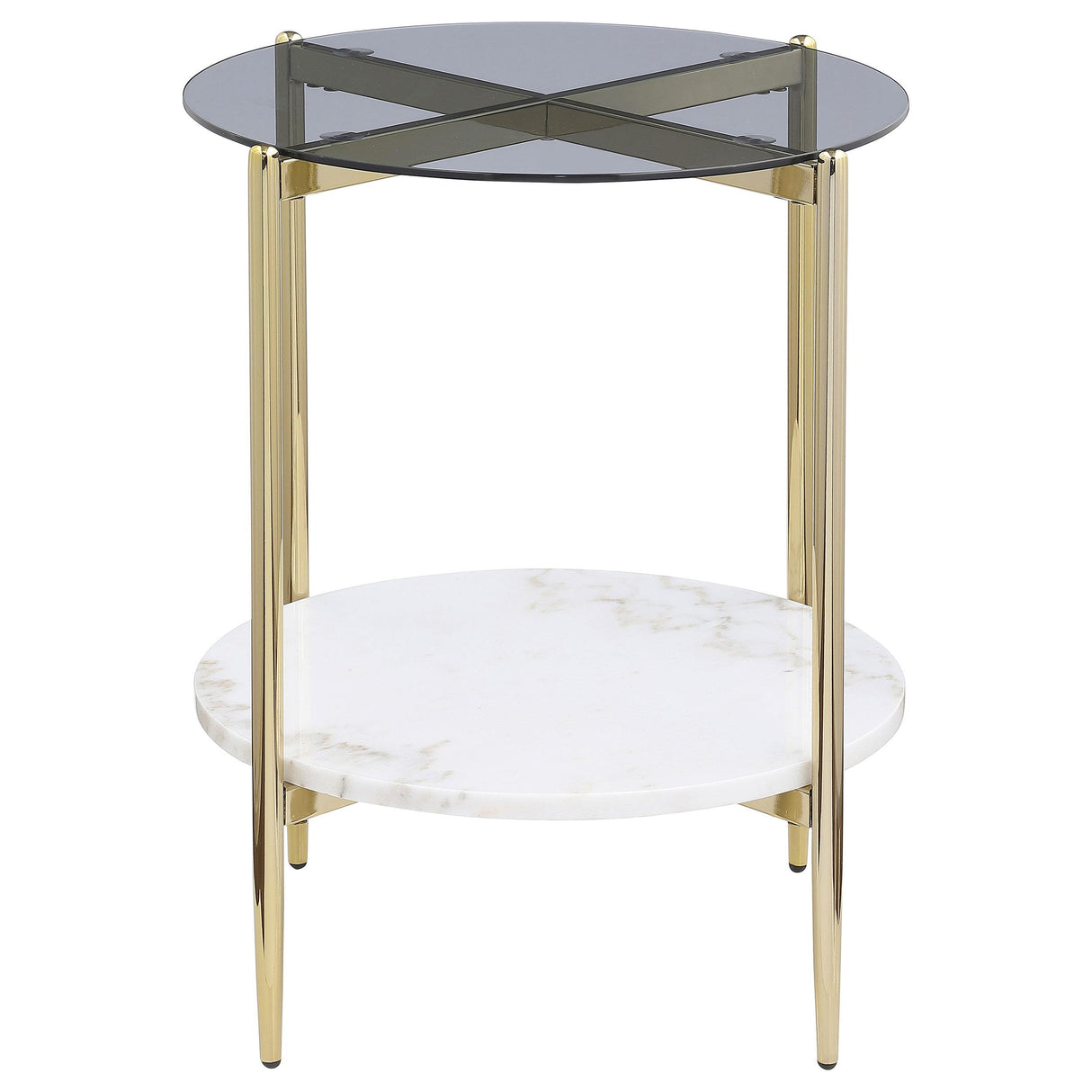 Jonelle Round Glass Top End Table White Marble Shelf Gold from Coaster - Luna Furniture