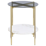 Jonelle Round Glass Top End Table White Marble Shelf Gold from Coaster - Luna Furniture