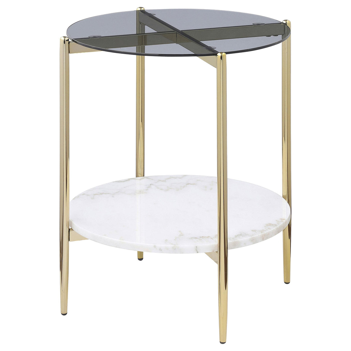 Jonelle Round Glass Top End Table White Marble Shelf Gold from Coaster - Luna Furniture