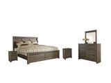 Juararo California King Panel Bed with Mirrored Dresser and 2 Nightstands in Dark Brown - PKG004055