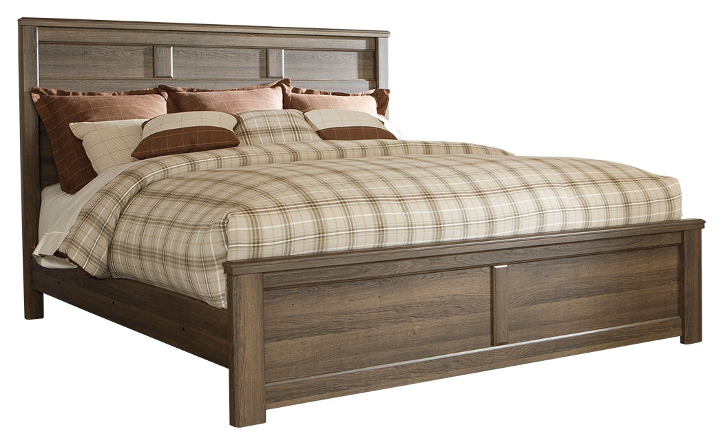 Juararo California King Panel Bed with Mirrored Dresser and 2 Nightstands in Dark Brown - PKG004055