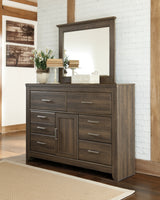 Juararo California King Panel Bed with Mirrored Dresser and 2 Nightstands in Dark Brown - PKG004055