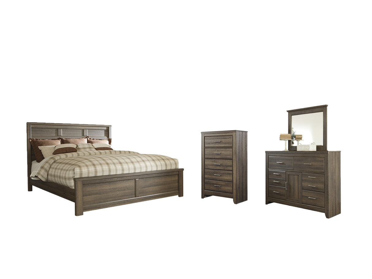 Juararo California King Panel Bed with Mirrored Dresser and Chest in Dark Brown - PKG004056