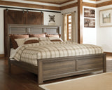 Juararo California King Panel Bed with Mirrored Dresser and Chest in Dark Brown - PKG004056