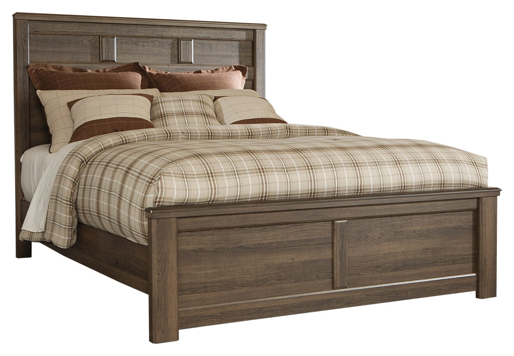 Juararo California King Panel Bed with Mirrored Dresser and Chest in Dark Brown - PKG004056