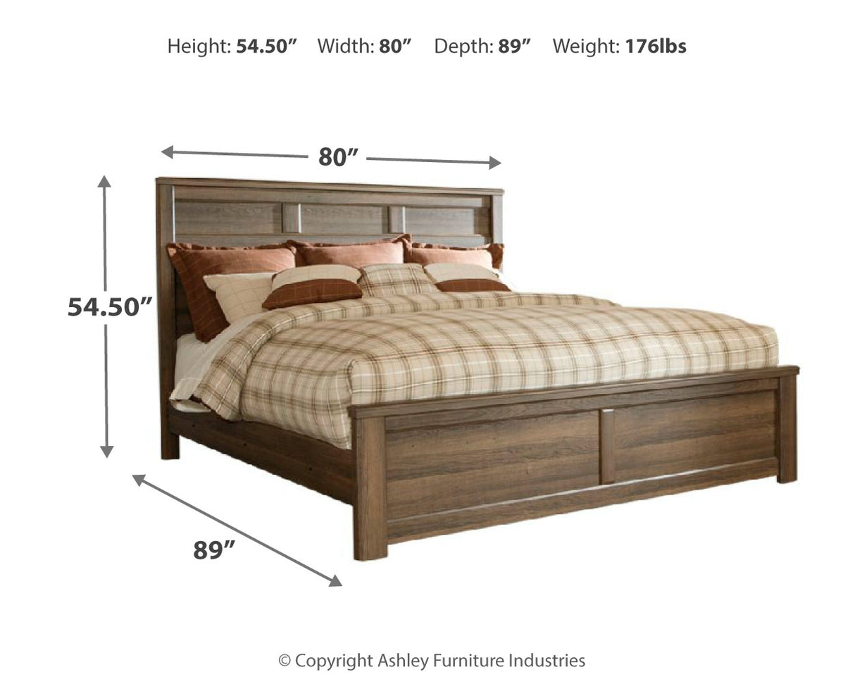 Juararo California King Panel Bed with Mirrored Dresser, Chest and Nightstand in Dark Brown - PKG004057