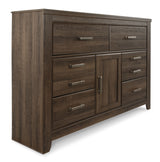 Juararo California King Panel Bed with Mirrored Dresser in Dark Brown - PKG004054