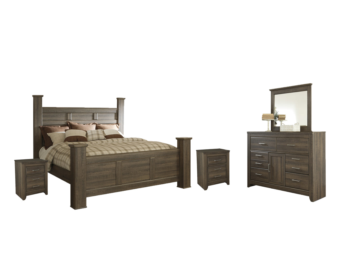 Juararo California King Poster Bed with Mirrored Dresser and 2 Nightstands in Dark Brown - PKG004049