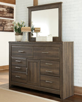 Juararo California King Poster Bed with Mirrored Dresser and Chest in Dark Brown - PKG004050