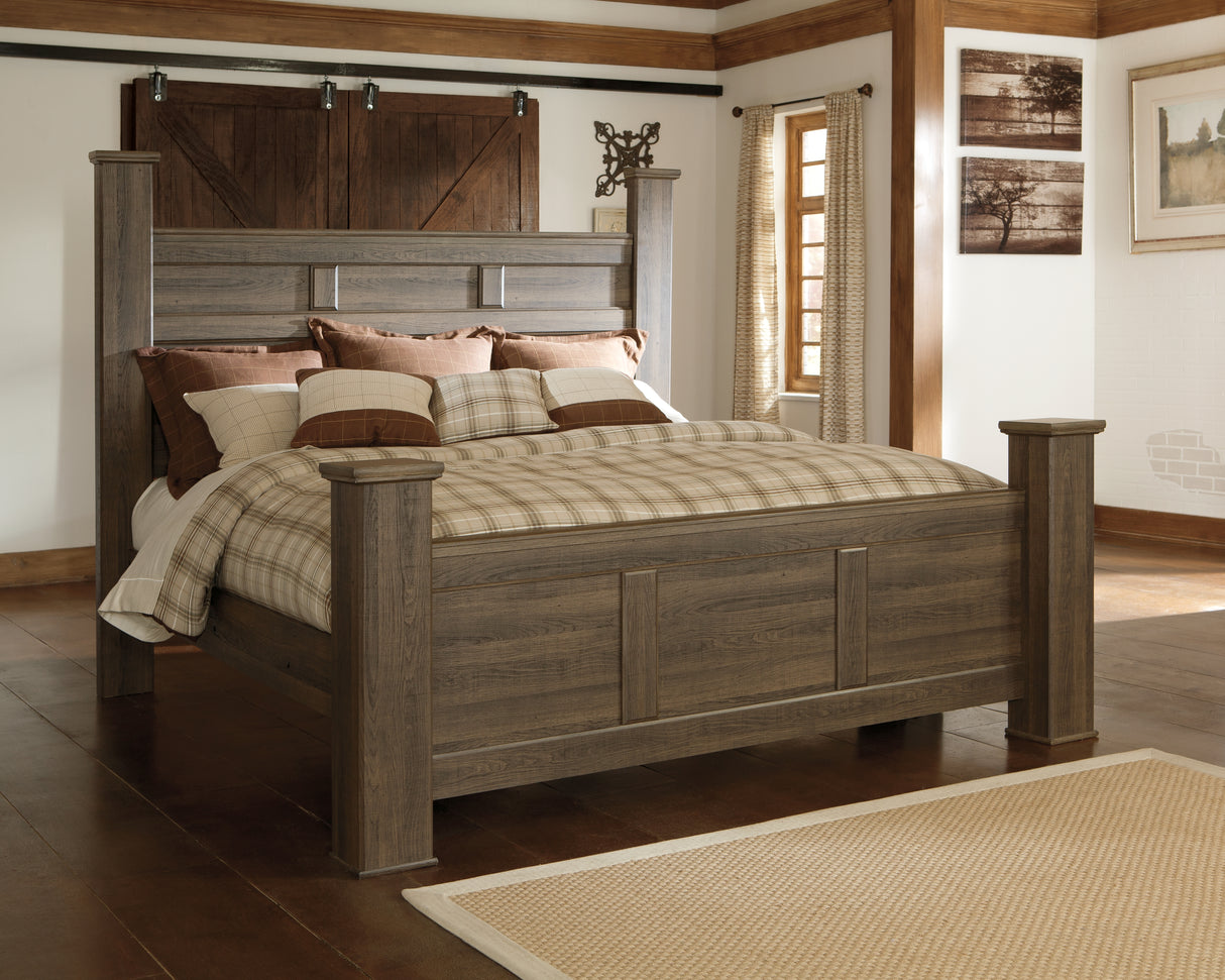 Juararo California King Poster Bed with Mirrored Dresser and Chest in Dark Brown - PKG004050