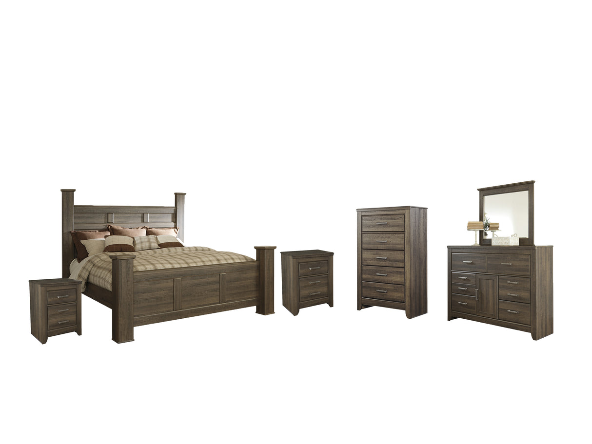 Juararo California King Poster Bed with Mirrored Dresser, Chest and 2 Nightstands in Dark Brown - PKG004052