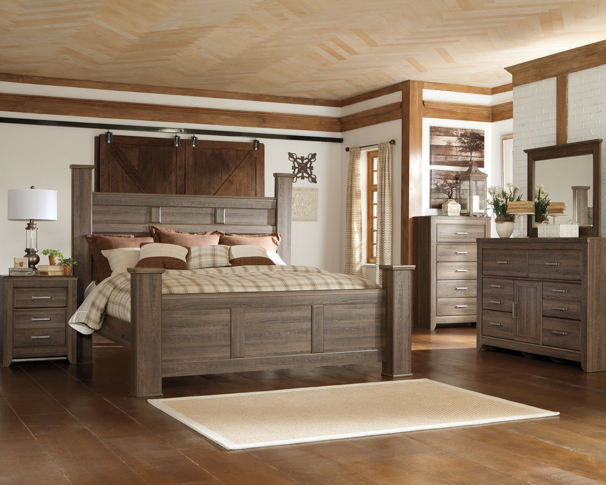 Juararo California King Poster Bed with Mirrored Dresser, Chest and 2 Nightstands in Dark Brown - PKG004052