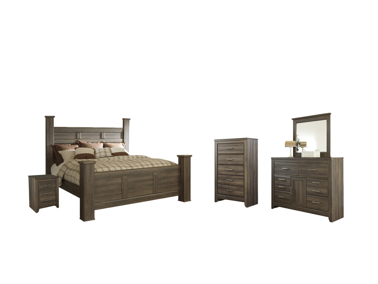 Juararo California King Poster Bed with Mirrored Dresser, Chest and Nightstand in Dark Brown - PKG004051