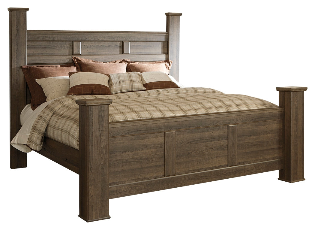 Juararo California King Poster Bed with Mirrored Dresser, Chest and Nightstand in Dark Brown - PKG004051