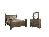 Juararo California King Poster Bed with Mirrored Dresser in Dark Brown - PKG004048