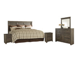 Juararo King/California King Panel Headboard Bed with Mirrored Dresser and 2 Nightstands in Dark Brown - PKG004031